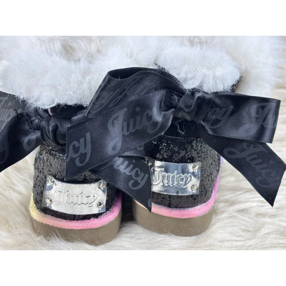 Juicy Couture Toddler Boots Girls 5 Black Faux Fur Rainbow Logo Winter